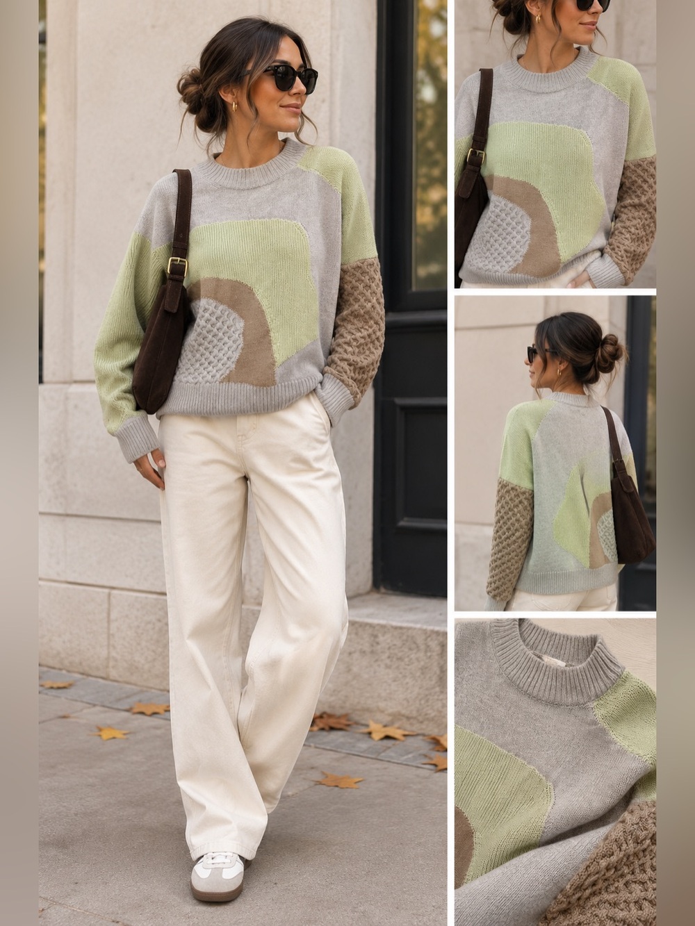 COS Color Block Wool Blend Knit Sweater Size M Gray Green Taupe fall